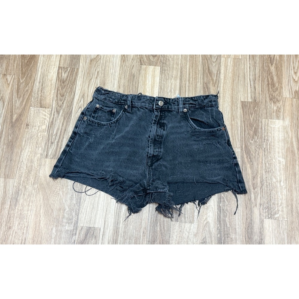 Zara Womens Black Distressed Denim Shorts High Waisted Raw Hem Size 10